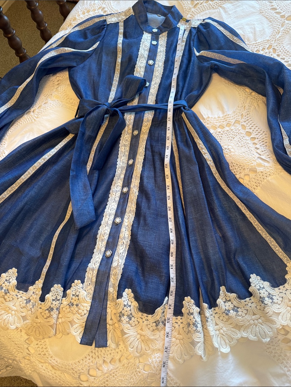 Blue Sunday Brunch dress with Lace-Trim Button-Front and Waist Tie - Picture 3 of 11